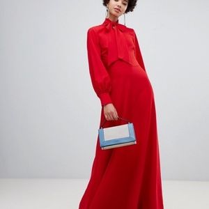 - Warehouse Pussybow neck tie Maxi Dress Red Asos